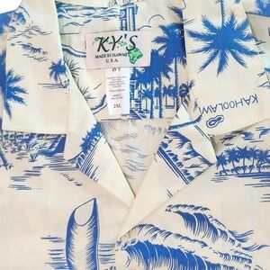 KY'S Men's Blue & Cream Hawaiian Islands All-Over Graphic Button-Up Shirt 2XL